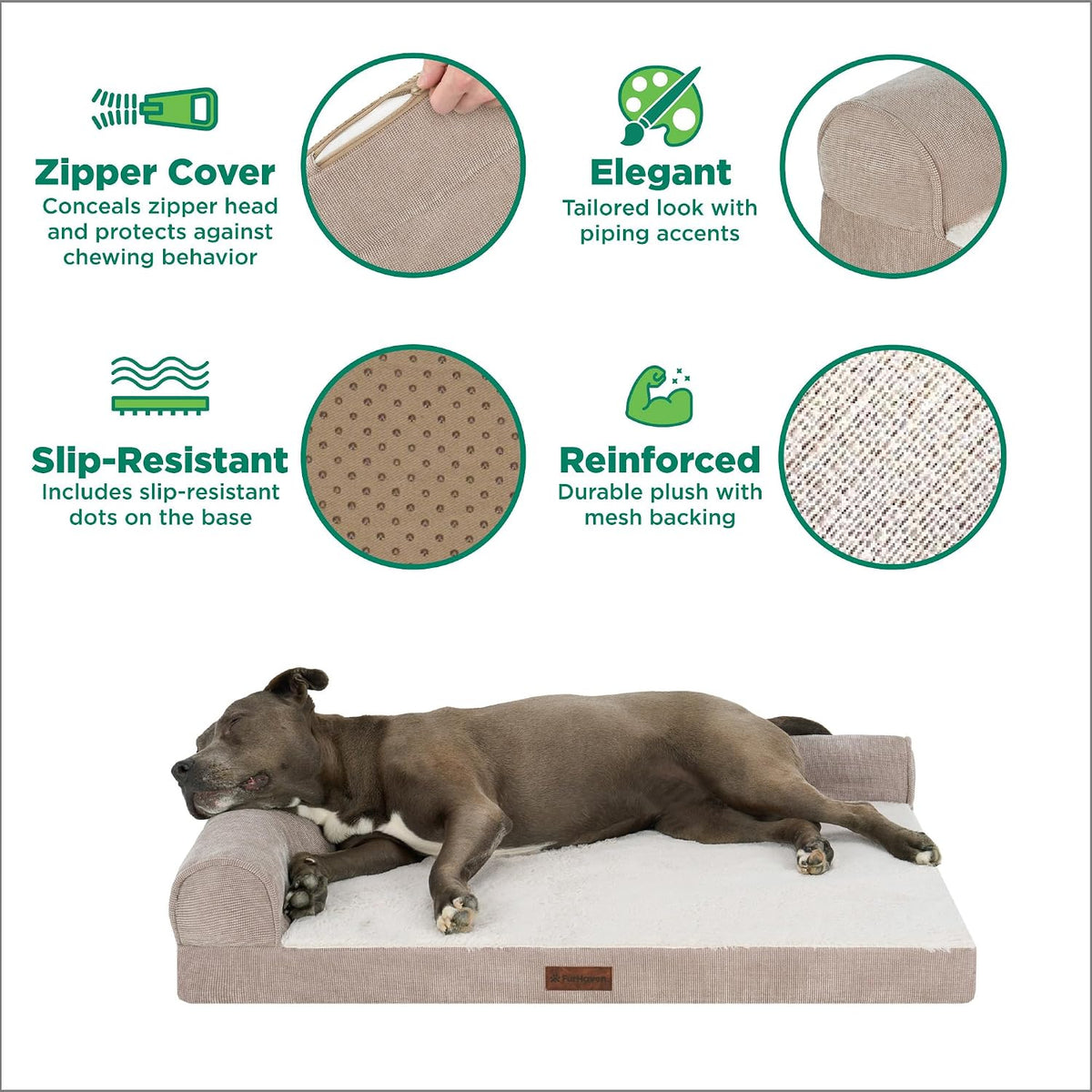 Furhaven Jumbo plus (53"X40") Cooling Gel Dog Bed – Plush & Grid Cord L-Shaped Chaise Lounge Pet Bed, Removable Washable Cover, Mink