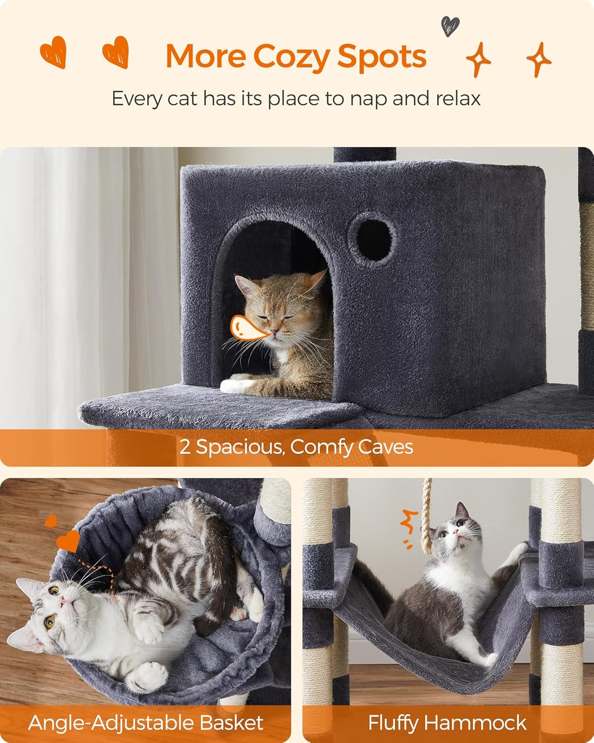 Feandrea Cat Tree, 81.1-Inch Large Cat Tower, Multi-Level Plush Condo with 13 Scratching Posts, 2 Perches, 2 Caves, Basket, Hammock, Pompoms, Smoky Gray UPCT190G01