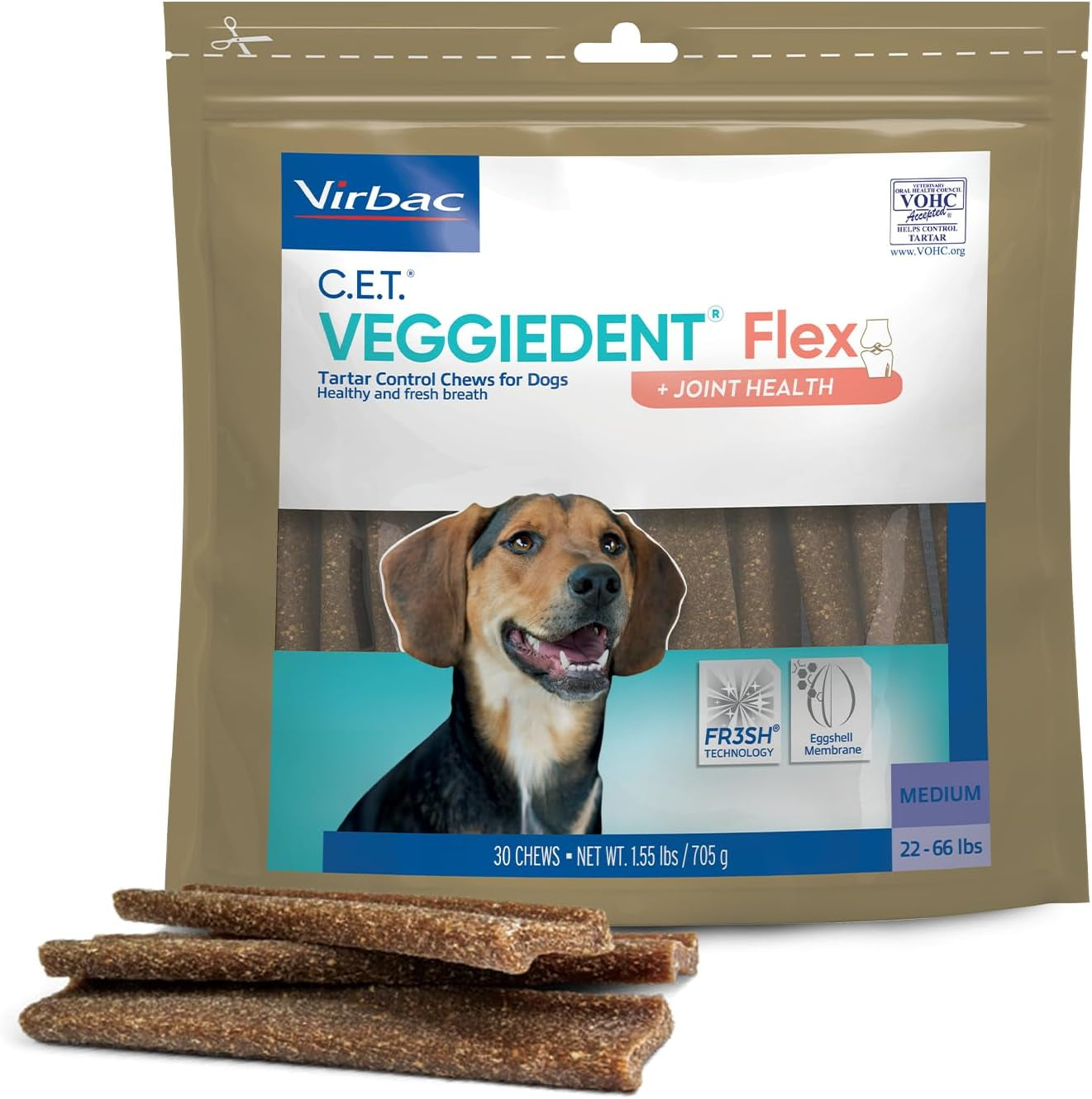 Virbac C.E.T.® VEGGIEDENT® Flex Tartar Control Chews for Dogs - Multifunctional to Support Joint Health, VOHC Approved - Medium 22-66Lbs