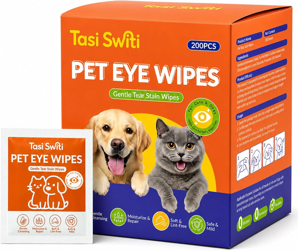 Individually Wrapped Pet Eye Wipes for Dogs and Cats, 200 Count
