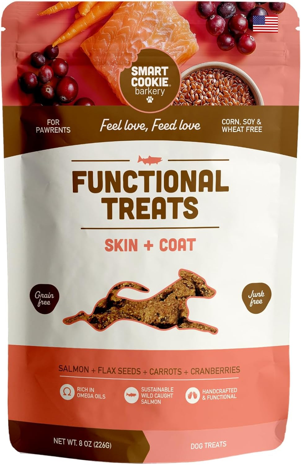 Smart Cookie All Natural Dog Treats - Healthy Skin & Coat Salmon Dog Treats - Ideal for Sensitive Stomachs or Itchy, Allergic, Dry Skin - Dehydrated, Crunchy, Human-Grade, Made in USA - 8Oz, Pack of 1