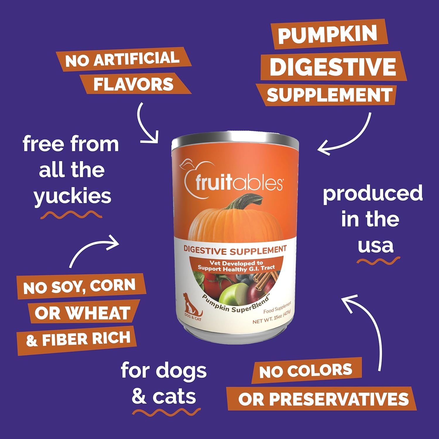 Fruitables Pumpkin Digestive Supplement, Made with Pumpkins for Dogs, Healthy Fiber Supplement for Pet Nutrition, Packed with Superfoods, 15 Oz