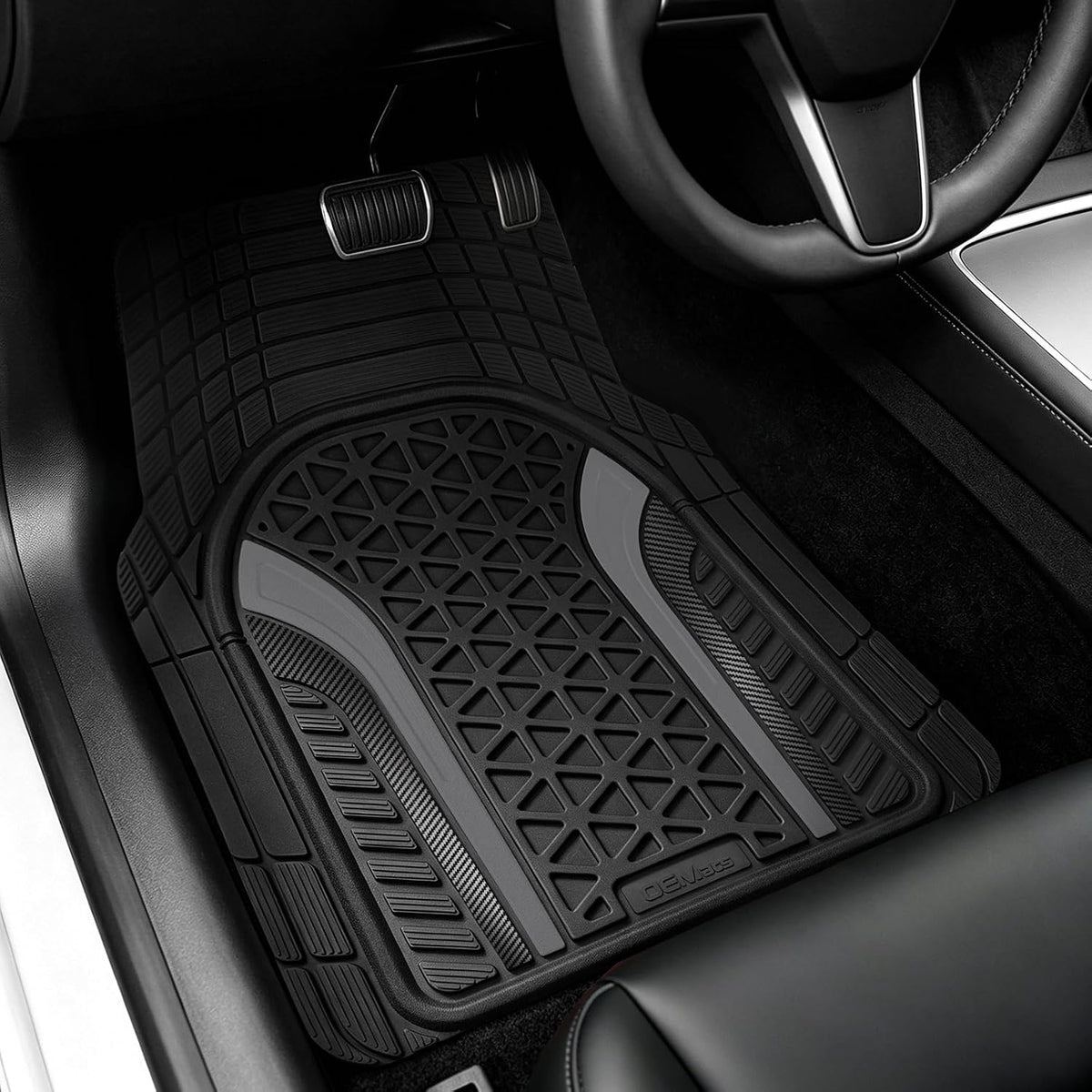 Heavy Duty Rubber Car Mats Carbon Fiber Design (Graphite Gray), 4-Piece Deep Waterproof Floor Mats Set (Front & Rear Full Set), All Weather Universal Trim to Fit Automotive SUV Sedan Truck
