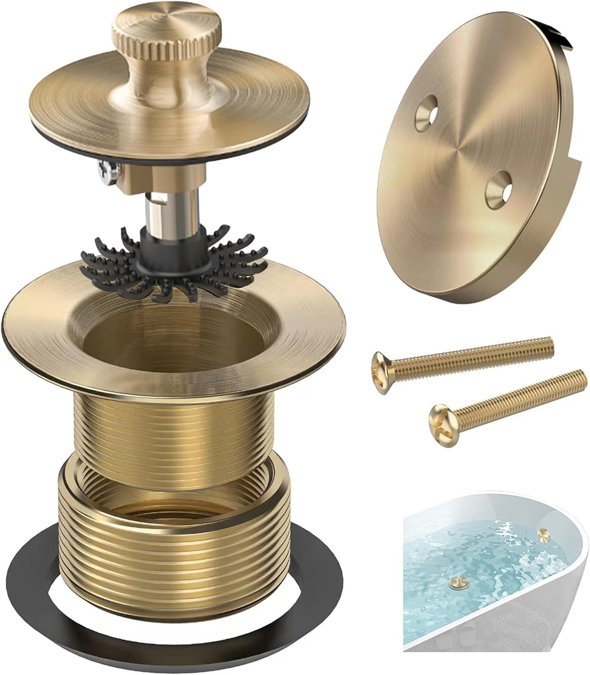 Champagne Brushed Gold Bronze Bathtub Drain, Hair Catcher and 2-Hole Overflow Faceplate, 11.5/16 UNC, Lift and Turn Bathtub Drain Replacement, Tub Drain Stopper
