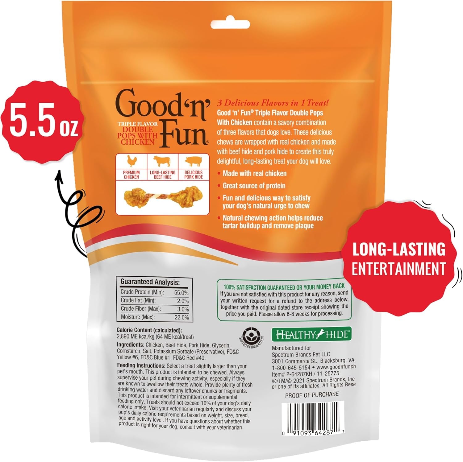 GOOD 'N' FUN Triple Flavor Double Pops Treats for Dogs, Long-Lasting Chews Made with Real Chicken, Beef Hide and Pork Hide, 5.5 Oz