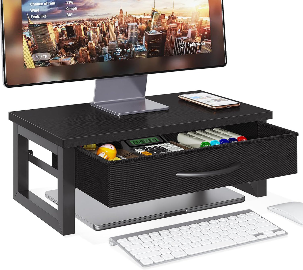 Computer Monitor Stand Riser, Desk Organizers and Accessories with Drawer, 2-Tier Laptop Stand for Desk, Office Organizer Storage, Wood