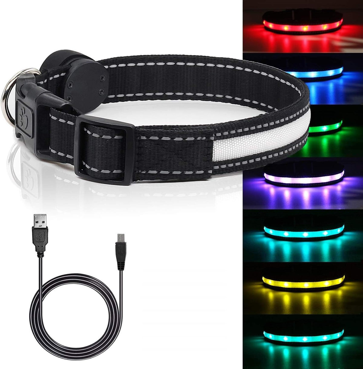 Light up Dog Collar, Safety LED Dog Collars Rechargeable 7 Colors in One Lighted Dog Collar Glow in the Dark Dog Walking Light, Neon Durable Nylon Adjustable Buckle for Small/Medium/Large Dogs, M Size