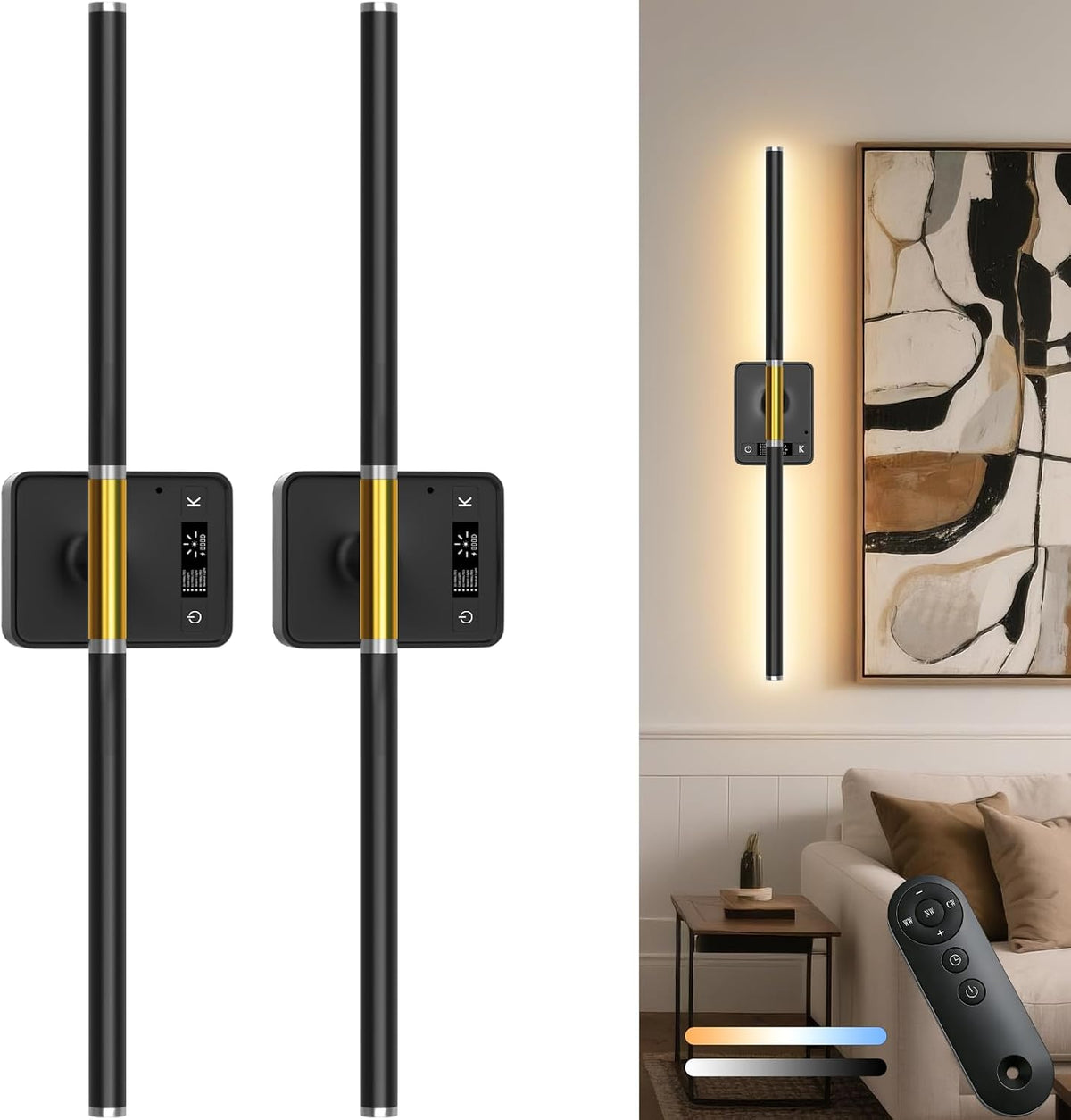 Battery Operated Wall Sconces Set of 2, Detachable Battery, Black Gold