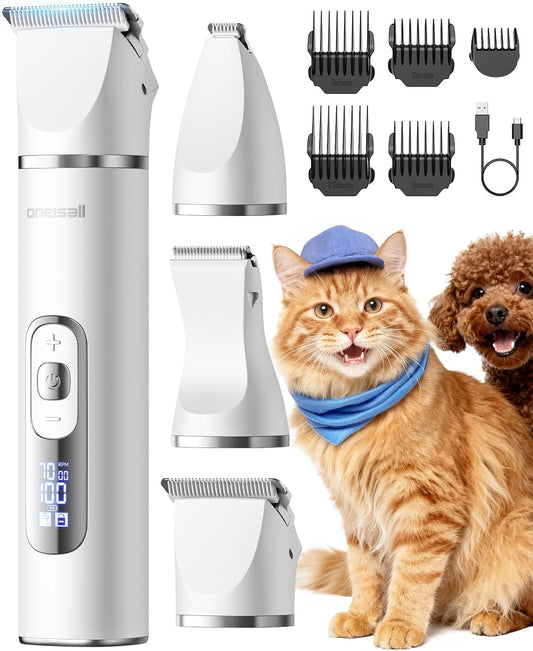 Oneisall Quiet Cat Clippers for Matted Hair, 3 in 1 Cat Grooming Kit with LCD Display, Cat Hair Trimmer for Paw Trimmer, 3 Speed, Cordless, IPX7 Waterproof Pet Clippers for Butt, Paw, Back, Ear, Face