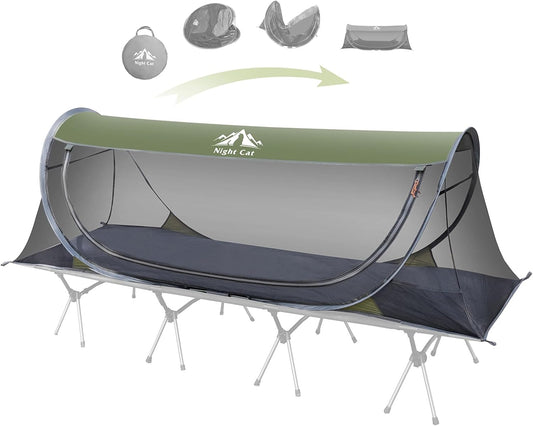 Night Cat Pop-Up Mosquito Tent: 1 Person Camping Tent with Bug Screen Net Easy Set-Up Tent Fits for Camping Cot (Excluded)