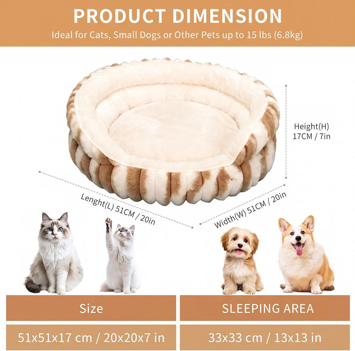 Cat Heated Bed, Electric Washable Pet Bed for Indoor Cats Small Dogs, Anti-Bite & Waterproof Design Deep Sleep Calming Thermal Bed with Adjustable Heating Pad,51×51×17Cm