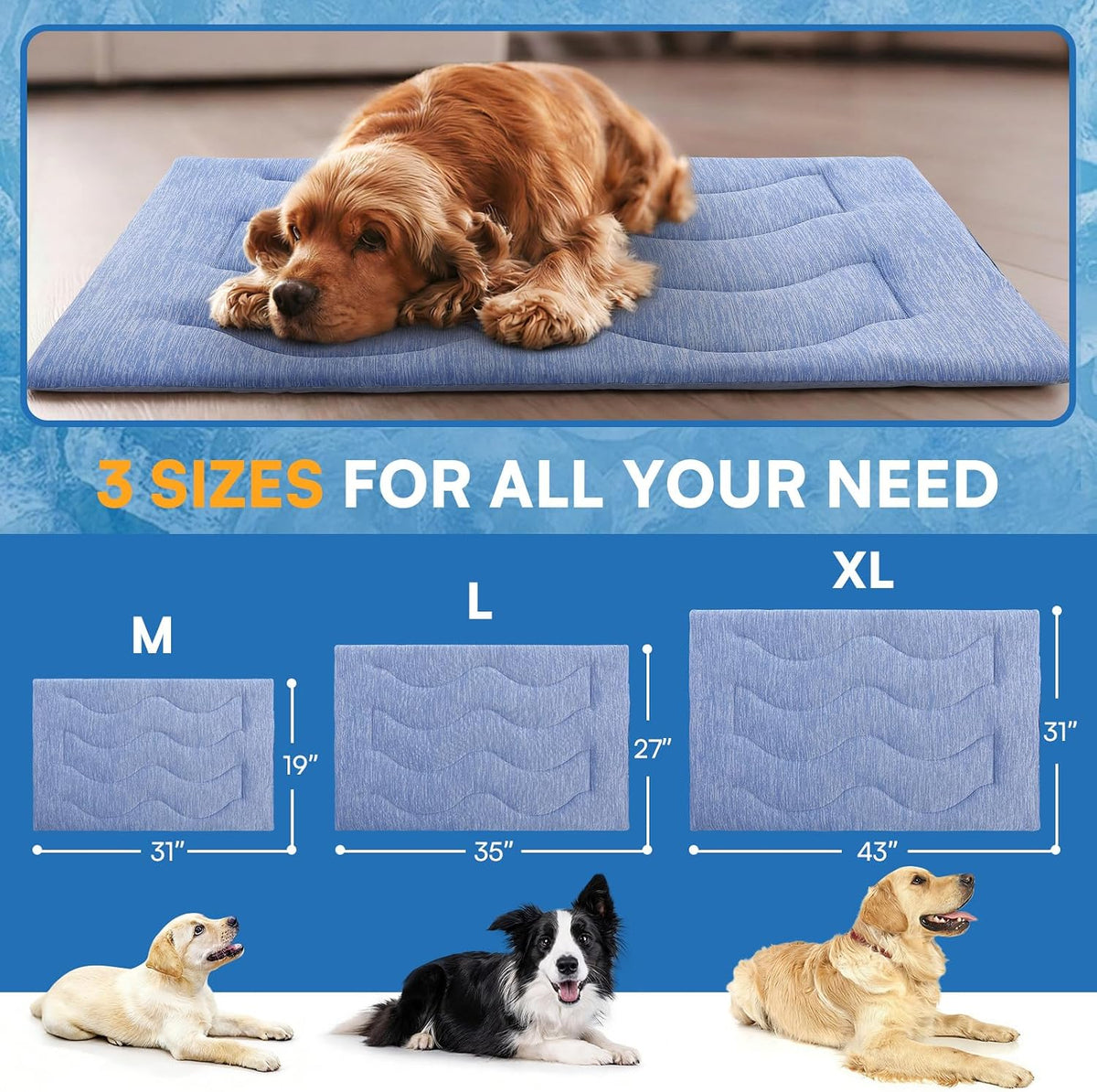 Queenmore Cooling Dog Mat for Dogs, Washable Dog Cooling Mat Indoor Outdoor, Non-Slip Portable Kennel Puppy Bed for Summer, Keep Your Pet Cool (Blue Wave, Large(35" X 27"))