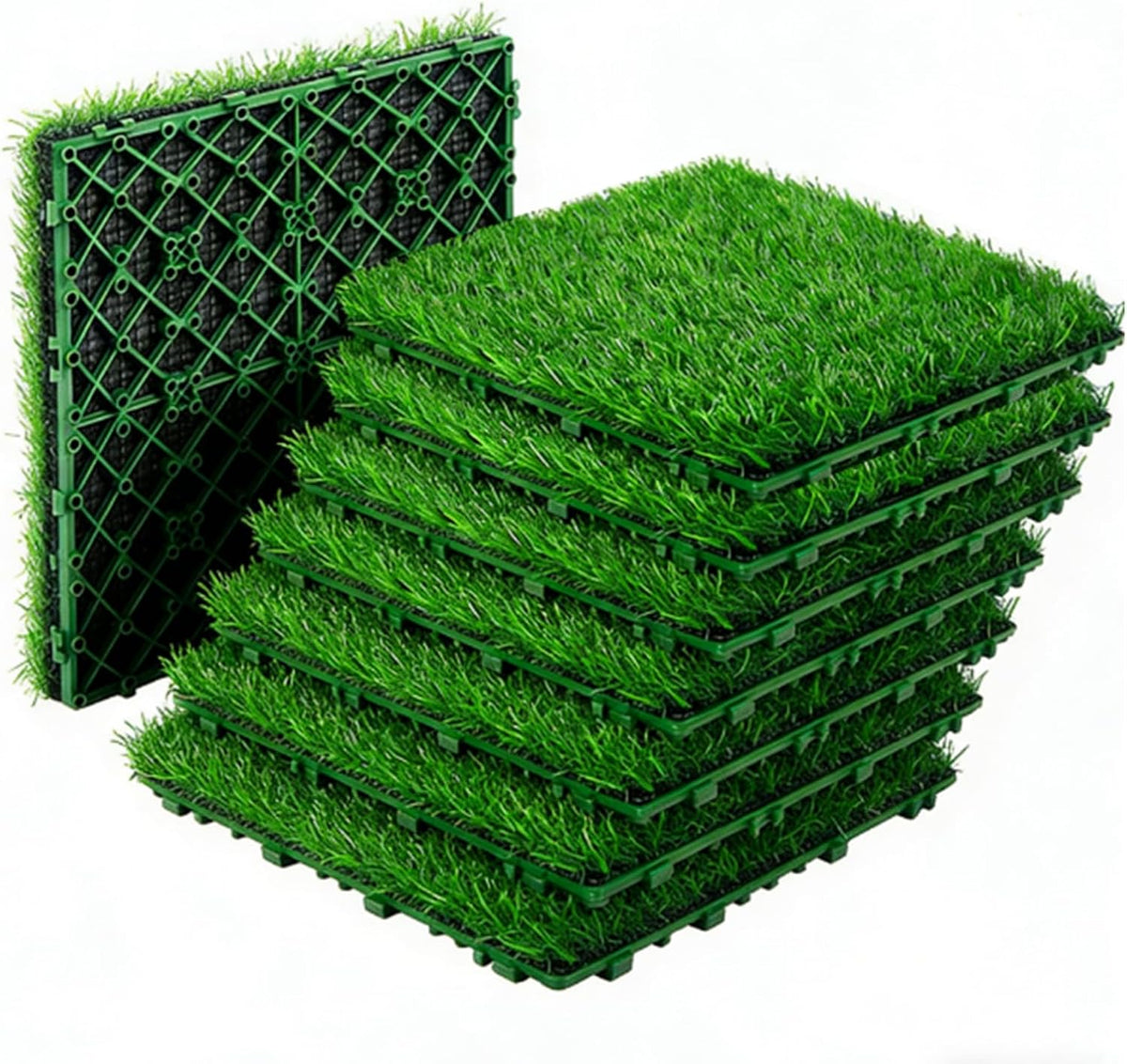 VXHCS Artificial Grass Tiles Outdoor Interlocking Turf Grass 8 Pack Balcony Grass 12"X12"X1" Green Fake Grass Mat with Drainage, for Patio Garden Balcony Backyard Flooring Decor
