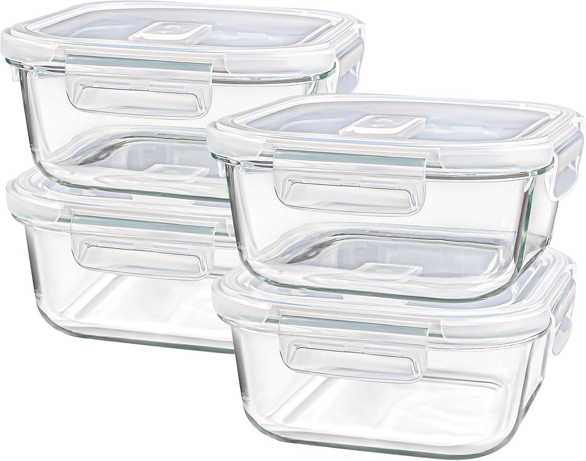 Square Glass Containers with Lids 3 Cup/24 Oz, 4 Pack