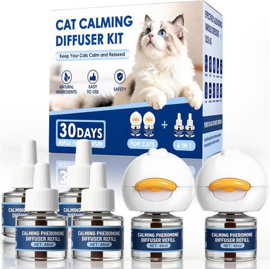 Cat Calming Pheromone Diffuser, Pheromone Plug-In for Stress Relief, Anxiety Relief for Cats, Helps with Scratching, Urine Marking & Fighting, for Multi-Cat Homes with 2 Diffusers & 4 Refills