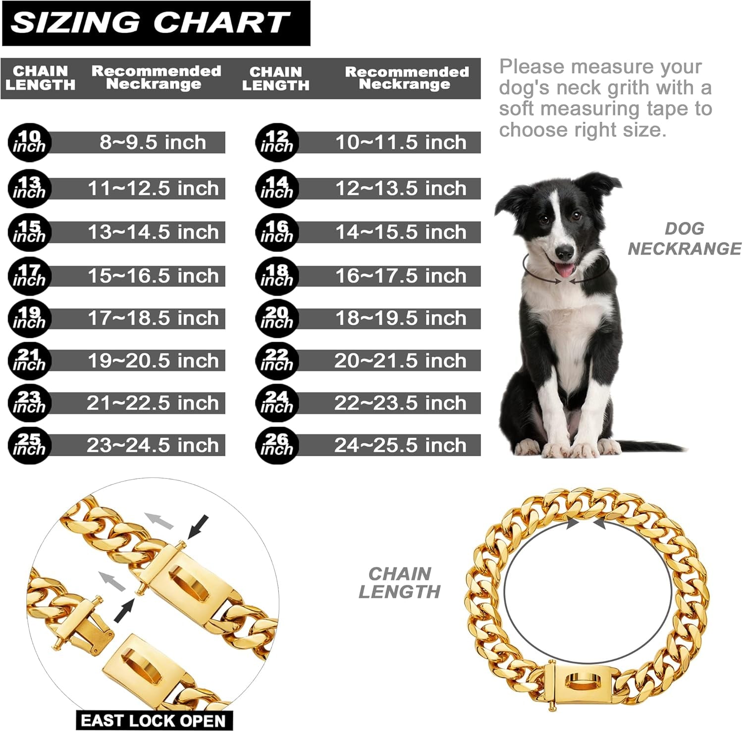 Gold Dog Chain Collar Walking Metal Chain Collar with Design Secure Buckle,18K Cuban Link Strong Heavy Duty Chew Proof for Medium Dogs(19Mm, 18")