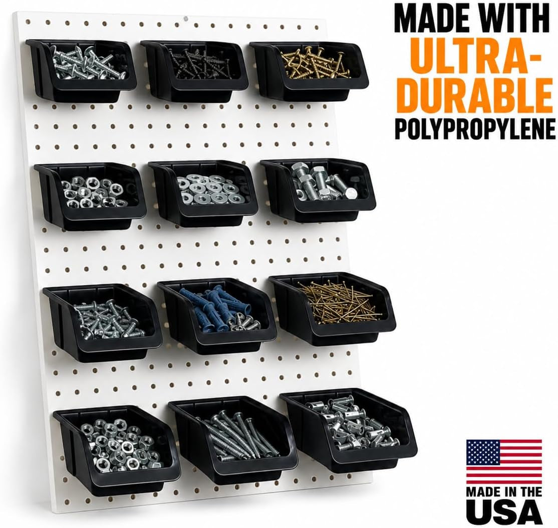 Black Pegboard Bins – 12 Pack Small and Large Part Storage Garage Organizer