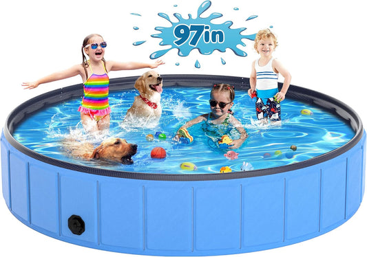 97"X16" Dog Pool for Large Dogs, Heavy Duty Hard-Side Foldable Pet Pool, Non-Slip Collapsible Dog Bathing Tub with Drain, Portable Kiddie & Dog Swimming Pool for Outdoor & Indoor Use