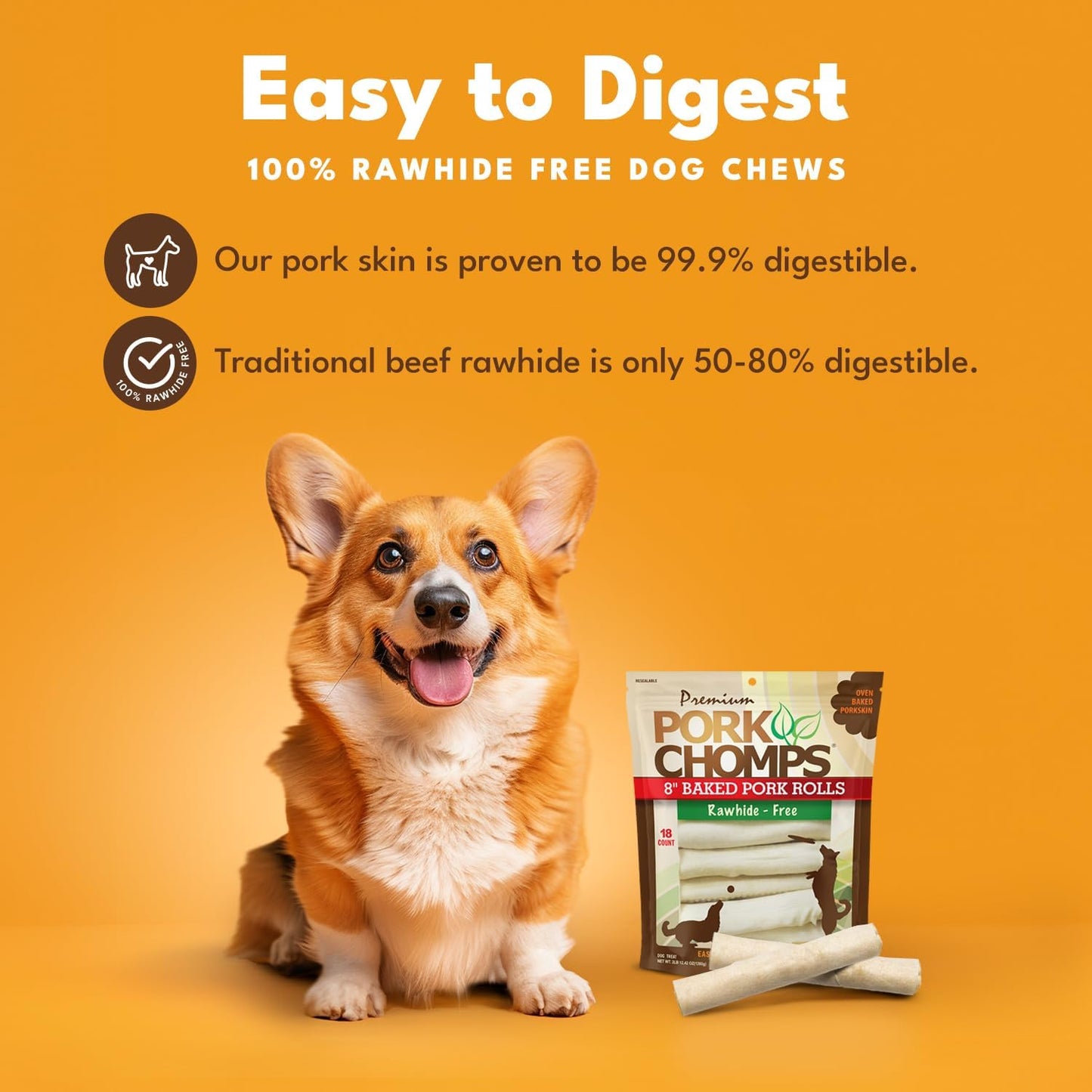 Pork Chomps Baked Pork Skin Dog Chews, 8-Inch Rolls, 18 Count (Pack of 1)