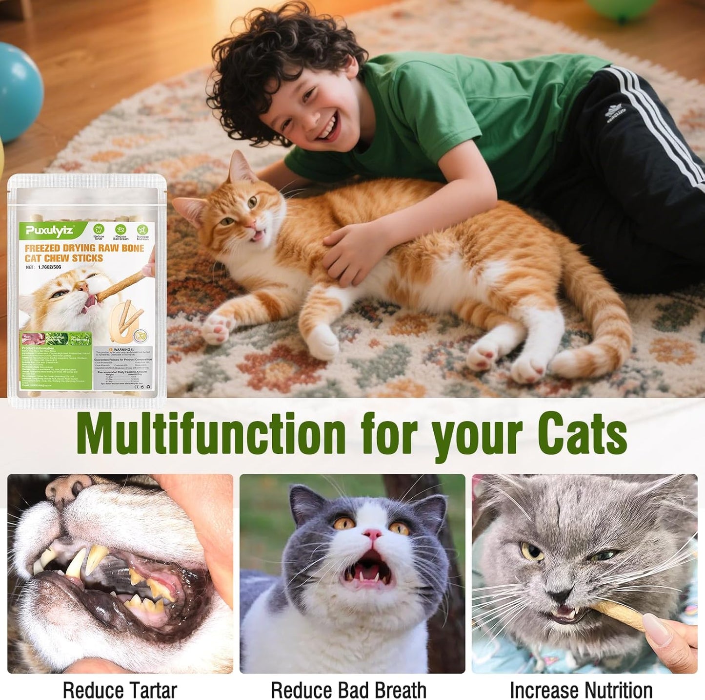 Freezed Dried Cat Chew Sticks, Cat Dental Treats for Freshens Breath and Controls Tartar, Feline Teething Sticks