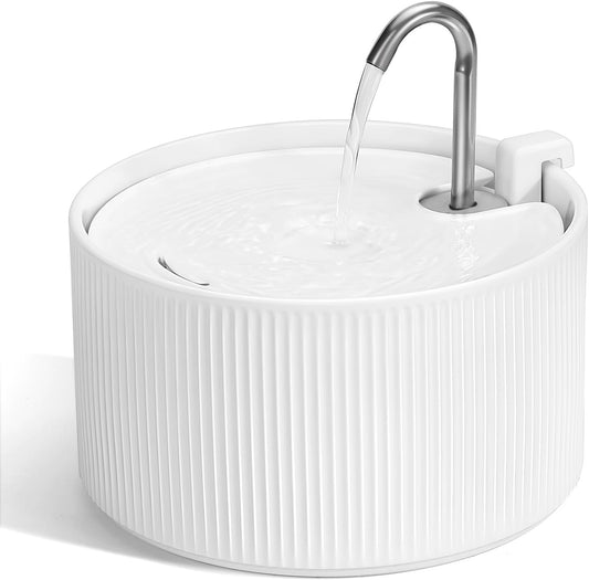 Ceramic Cat Water Fountain, 2.2L/ 74Oz Pet Water Fountain, Drinking Fountains Bowl for Cats and Dogs with Replacement Filter and Foam (White)