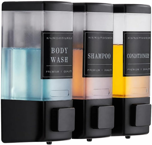 Shampoo and Conditioner Dispenser for Shower, 3 Chamber, Black