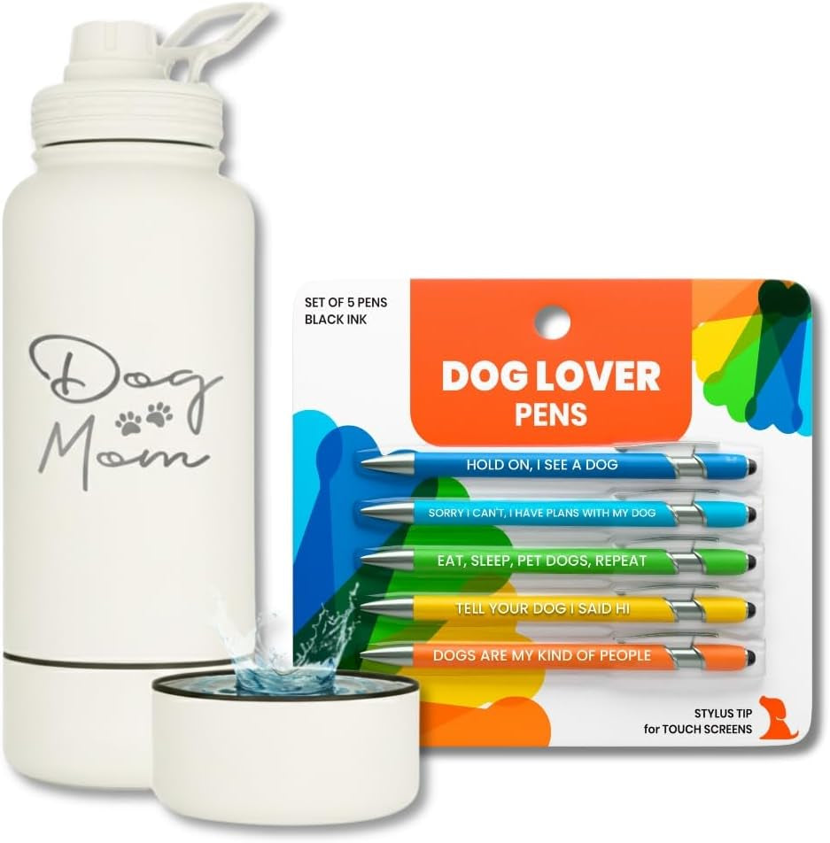 Rubyloo 32 Oz. Insulated Water Bottle with Attached 8 Oz Bowl (Dog Mom) & 5–Piece Dog Lover–Themed Pen Set