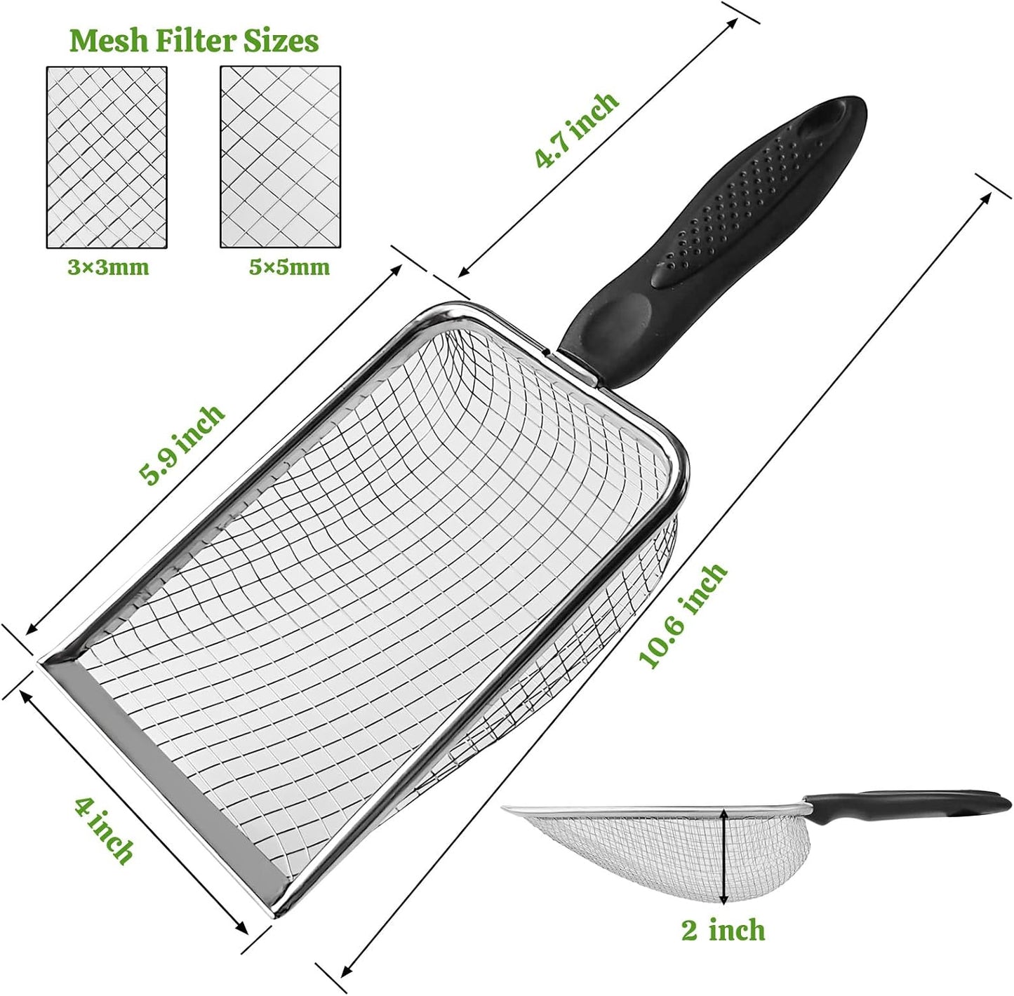 2Pcs Cat Litter Scoop Metal Stainless Steel Mesh Kitty Litter Scoop with Hook, Cat Scooper for Litter Box, Filter Small Pieces Quickly, Easy to Clean and Durable (3Mm/5Mm Mesh)