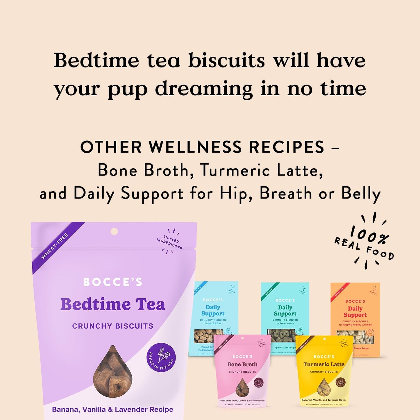 Bocce'S Bakery Oven Baked Bedtime Tea Treats for Dogs, Wheat-Free Everyday Dog Treats, Made with Real Ingredients, Baked in the USA, All-Natural Biscuits, Banana, Vanilla, & Lavender, 5 Oz