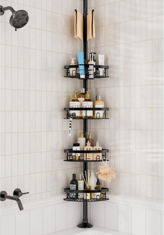 Cutefafa Rustproof Corner Shower Caddy Freestanding Tension Pole, 4 Large Baskets for Bathtub Shampoo Storage Organizer Bathroom Height Adjustable Shelves from 23.6 to 114.5 Inch with Towel Bar