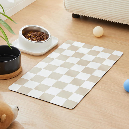 Checkered Dog Feeding Mat, Absorbent Mats for Dog Food and Water Bowl, Dispenser, Retro Aesthetic Khaki Beige Checkerboard Pet Placemat for Dogs, Cats, Puppy Accessories, 12" X 19”