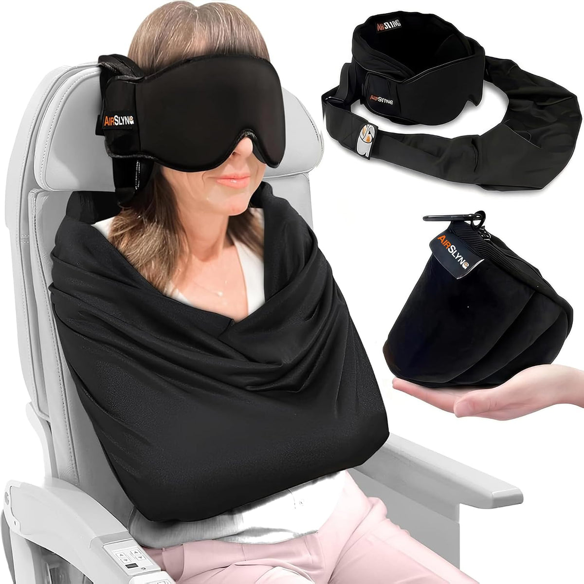 3-In-1 Airplane Sleep Support System - Integrated Plane Sleeping Accessories with Memory Foam Long Haul Flight Pillow, Adjustable Travel Eye Mask, and Blanket-Like Body Sling - Fits in Carry On