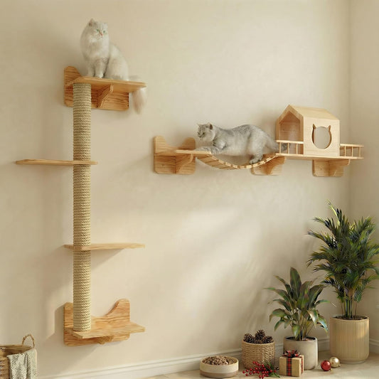 Cat Shelves for Wall – Cat Climbing Furniture Set for Large Cats with House, Bridge Ladder, 3 Scratching Posts & 5 Steps