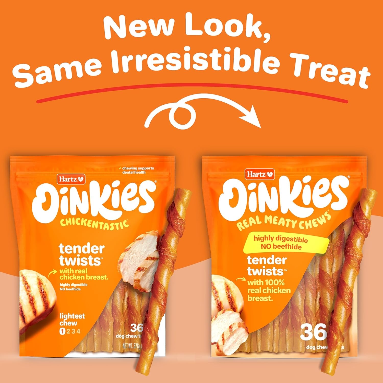 Hartz Oinkies Tender Twists Rawhide‑Free Dog Chews with Real Chicken Breast, Highly Digestible, Long‑Lasting Treats, 36 Count