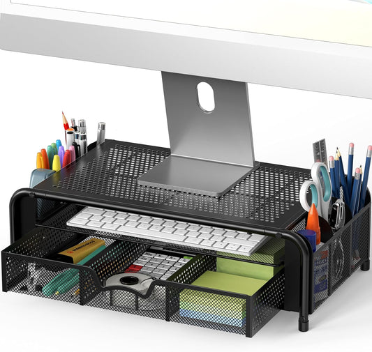 Simple Houseware Monitor Riser Stand W/Pull-Out Drawer & Pen Holder, Black