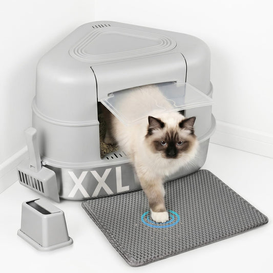 Stainless Steel XXL Corner Cat Litter Box with Lid, Enclosed Hidden Space Saving Design, High Sided Cat Toilet Covered Litter Pan for Large Cats, Gray