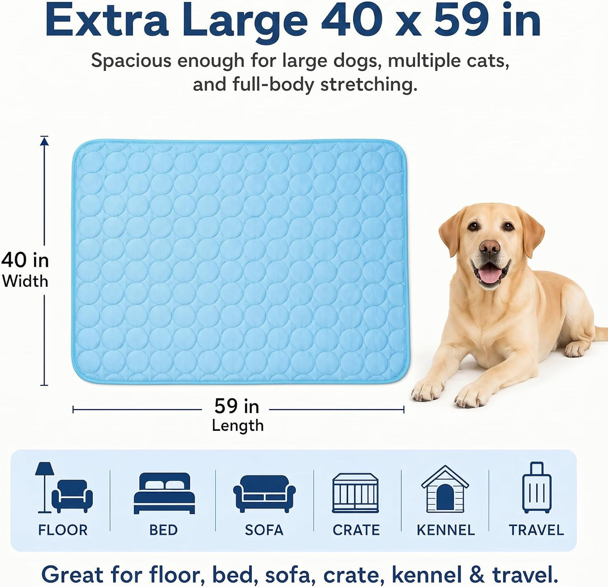 Pet Cooling Mat, 59'' × 40'' Self Cooling Dog Pad for Large Breeds, No Freezing Water or Gel, Washable Breathable Summer Mat for Crate Kennel Car Sofa Bed Floor, Indoor Outdoor