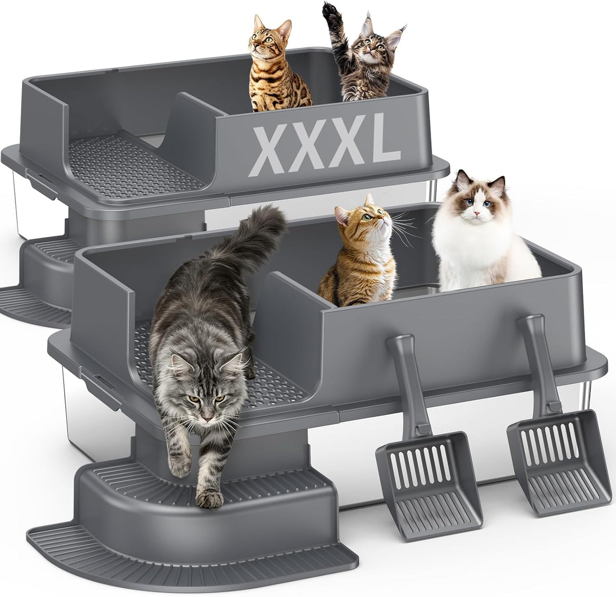 Stainless Steel Cat Litter Box – 2-Pack Extra Large Open Tray, Deep Gray