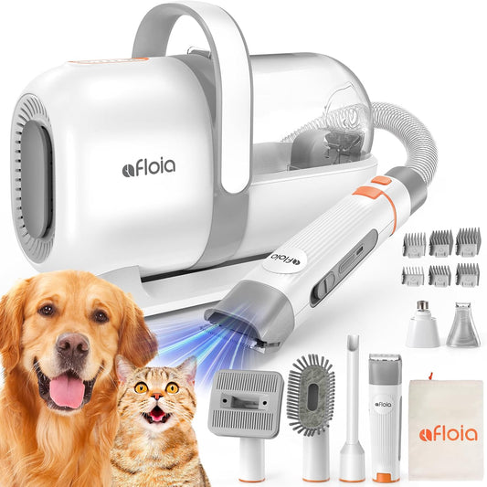 Afloia 6-In-1 Dog Grooming Kit, Pet Grooming Vacuum for Shedding, Dog Hair Vacuum with Clipper Nail Trimmer Grinder, Pet Brush Groomer at Home, Low Noise Cats Hair Remover, 1.5L Dust Cup, White