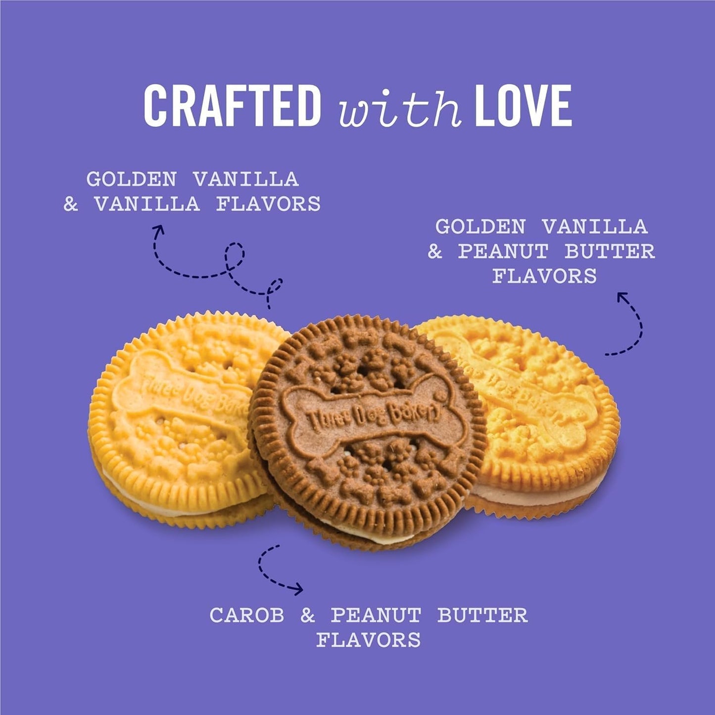 Three Dog Bakery Lick'N Crunch Sandwich Cookies Premium Dog Treats with No Artificial Flavors, Carob/Peanut Butter, Golden/Vanilla, 39 Ounces (Pack of 1)