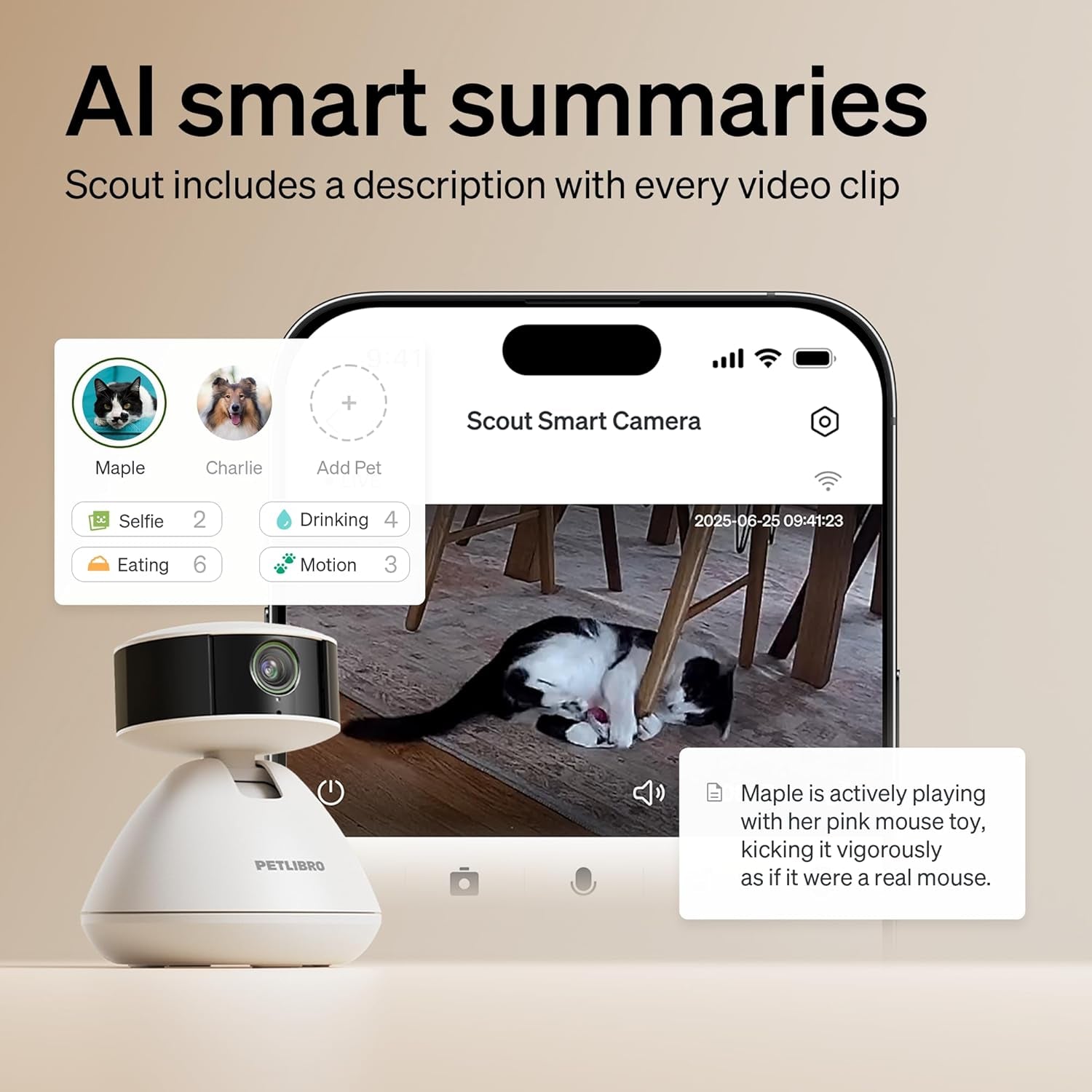 PETLIBRO AI Dog Camera Pet Camera Indoor with Phone App [Multi-Pet Recognition, Daily Activity Analysis & Smart Summaries] Cat Cam 360° View, 1080P Dog Cam Night Vision, 2-Way Audio Home Camera Wifi