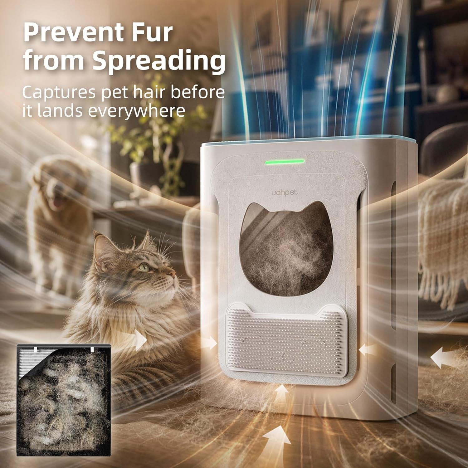 Uahpet Pet Air Purifier, H13 HEPA Filter for Pet Hair, Dander & Odors, 2100 Sq Ft Coverage, Plug & Play No Wifi Required, Clog-Resistant Intake, Washable Pre Filter, Quiet 25Db