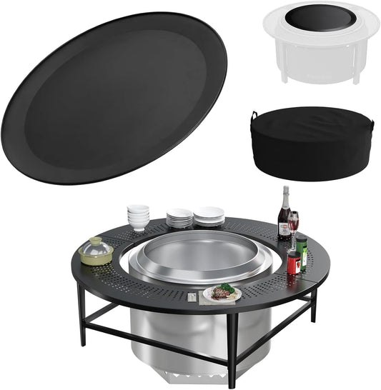 LS'BABQ 40" Fire Pit Surround Tabletop W/Waterproof Cover and Surround Surface Lid for Solo Stove Bonfire & Ranger Accessories, round Outdoor Fire Pit Table for Most Wood-Burning Stoves