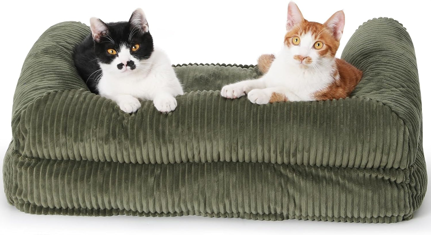 FUKUMARU Dog Couch Bed, Corduroy Cozy Cat Bed for Indoor Cats with Washable Cover, 28In Waterproof Orthopedic Dog Beds Sofa for Small Dogs and Large Cats, Cute Warm Cotton Pet Sofa, Green