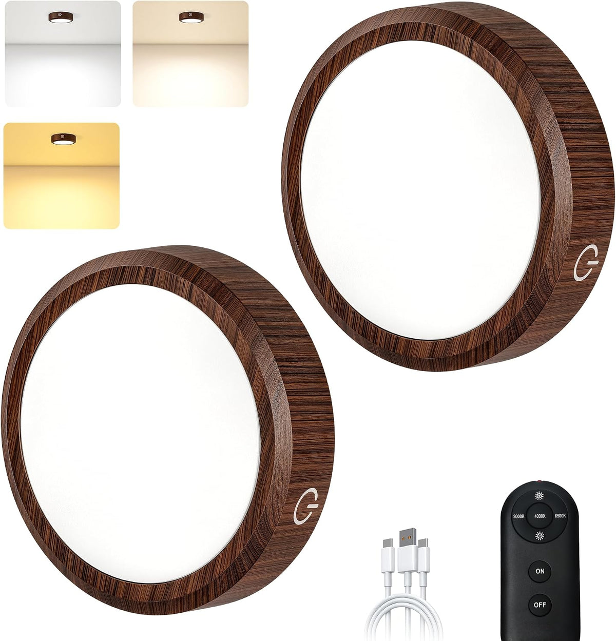 Puck Lights with Remote Control Rechargeable, Full-Screen Wireless LED under Cabinet Lighting with Light Guide Plate,3 Color Dimmable Stick on Tap Lights for Kitchen,Counter,Closet,Shelf, 2Pcs,Wood