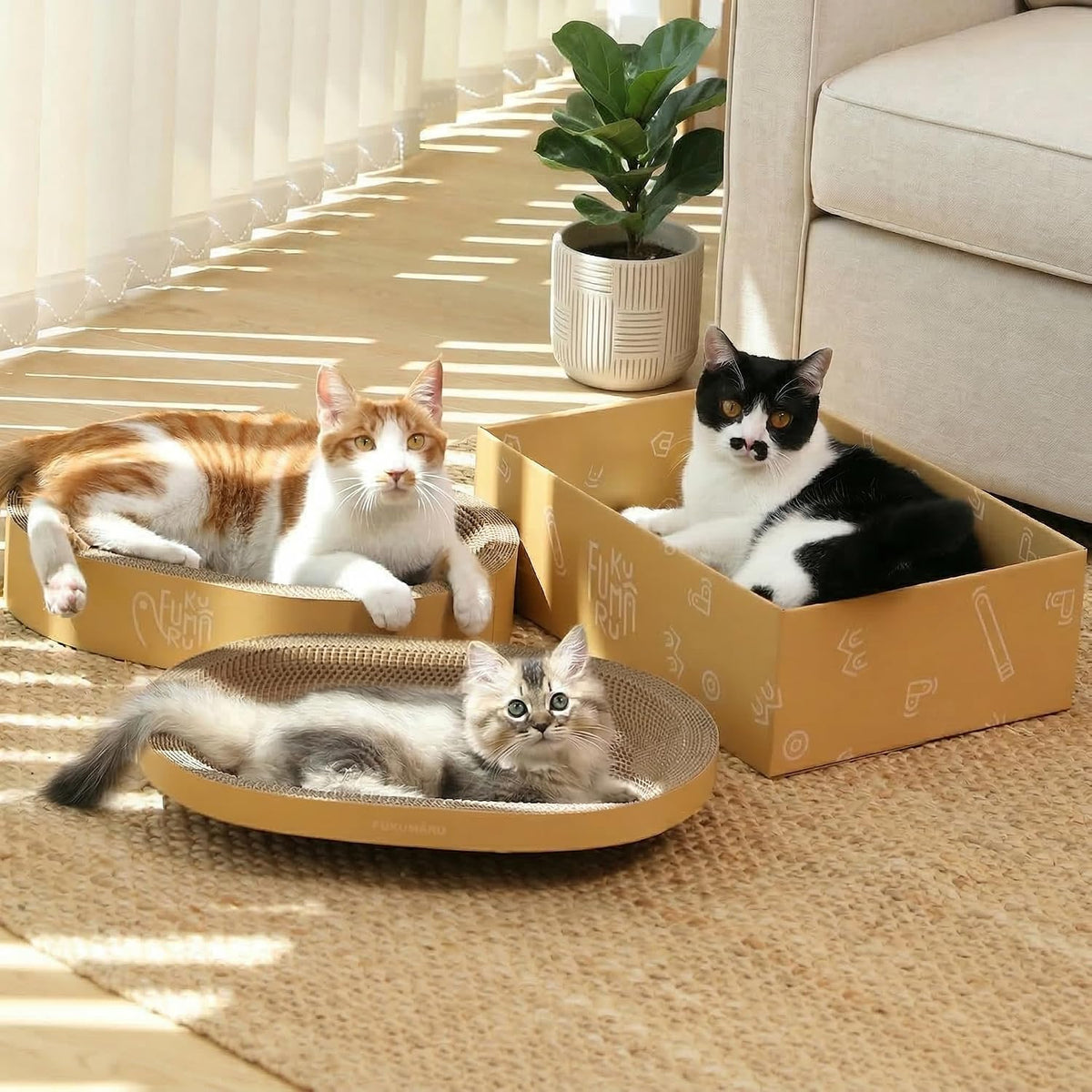 FUKUMARU 3PCS Cardboard Cat Scratcher Bed, Durable Oval Cat Scratch Pads