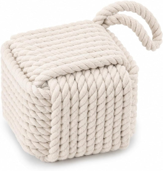 Handmade Cotton Rope Door Stopper with Carry Loop, Weighted Square Nautical Door Holder Decorative Door Wedge, 5X5 Inch Heavy Door Stop for Hardwood Floor Carpet, Beige