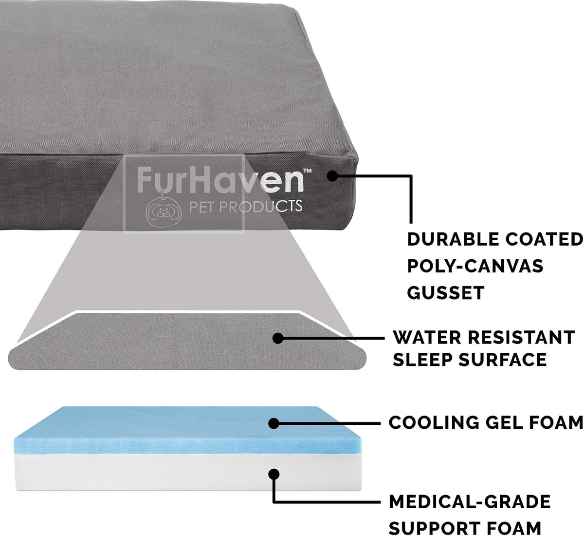 Furhaven Water-Resistant Cooling Gel Dog Bed for Large Dogs W/ Removable Washable Cover, for Dogs up to 125 Lbs - Indoor/Outdoor Logo Print Oxford Polycanvas Mattress - Stone Gray, Jumbo Plus/Xxl