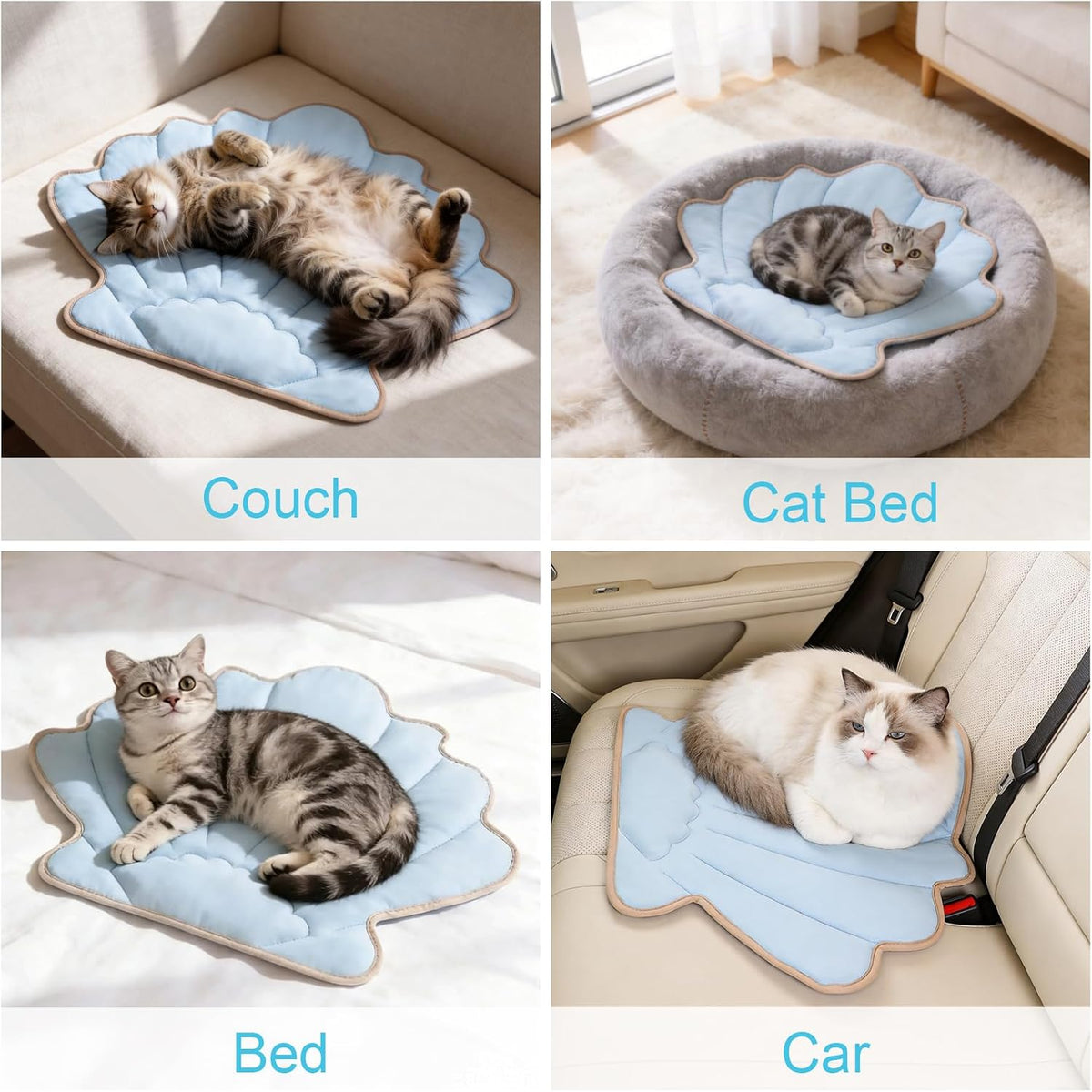27" X 20" Sea Shell Cat Cooling Mat, Ocean Pet Cooling Mat Blanket for Indoor Cats, Coastal Washable Pet Pad for Couches Bed, Floor, Sofa 1 Pack (Blue & Beige)