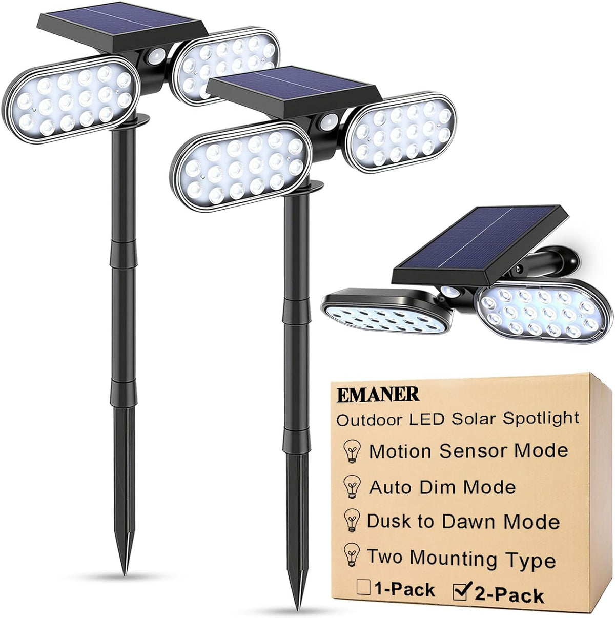 EMANER Motion Solar Lights Outdoor, Solar Floodlight, Stay on or Motion Sensor Mode, Dusk to Dawn Security Light, Landscape Spotlights for Garage Fence Driveway Solar Powered, 2-Pack